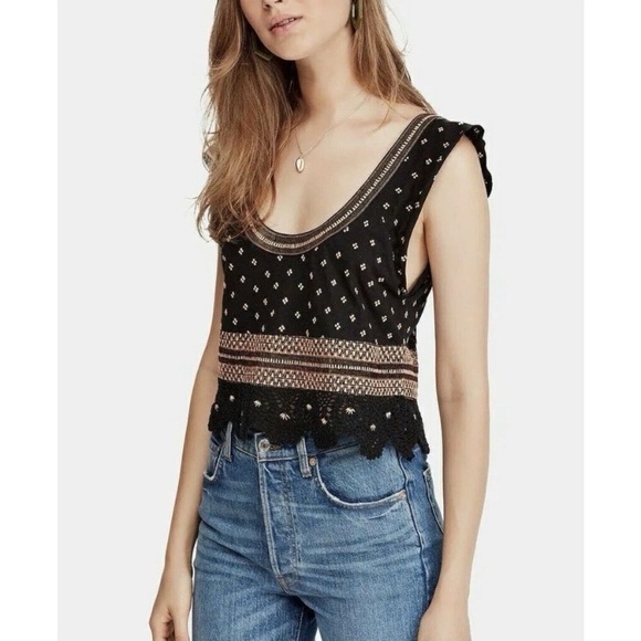 Free People Black Santorini Black and Gold Embroidered Top - Picture 3 of 16